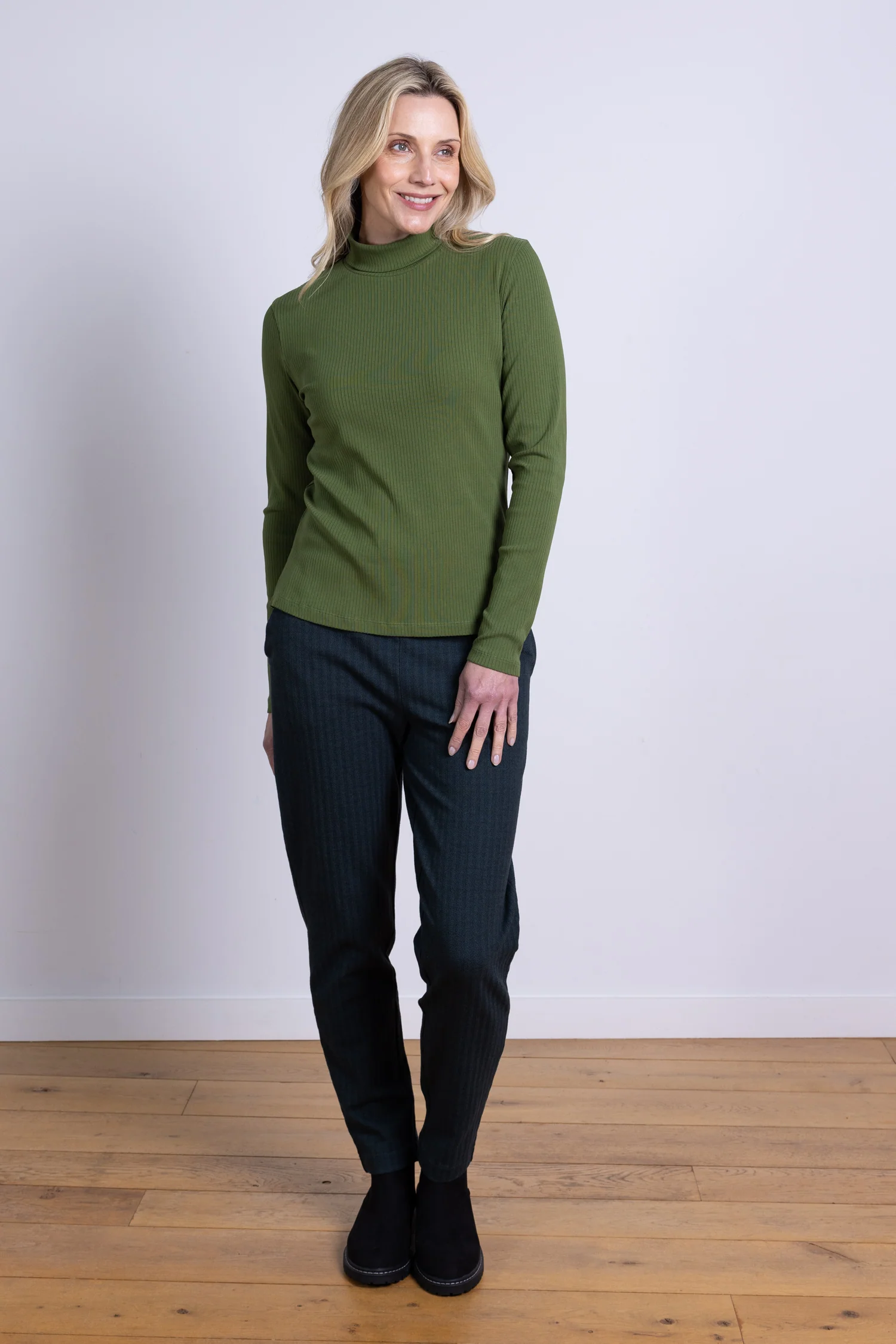 AW25 Rib Polo Neck Top - Basil - Image 2