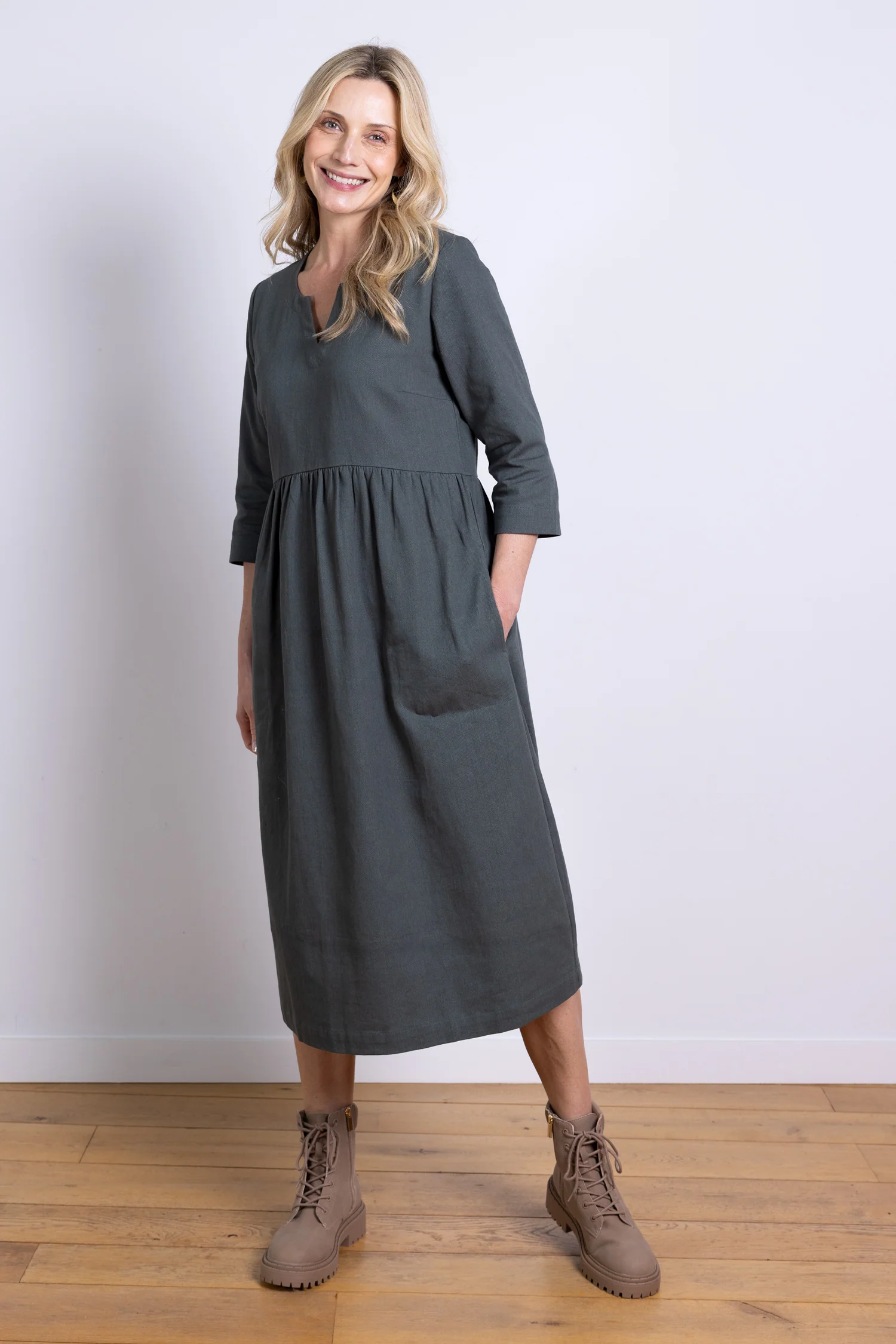 AW25 V Neck Midi Dress - Buff - Image 3