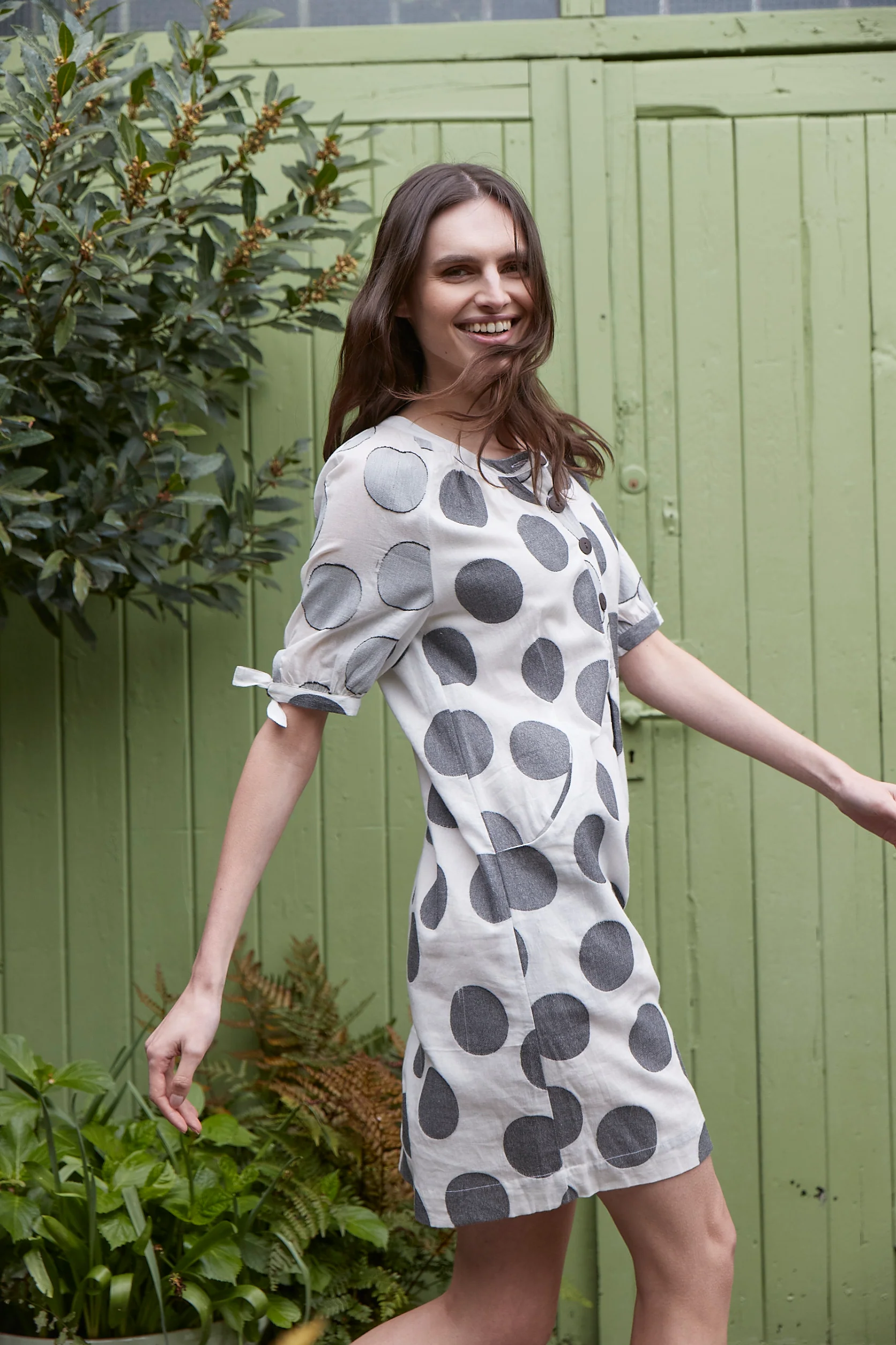 Spotted Tie Cuff Cotton Tunic Dress - Image 3