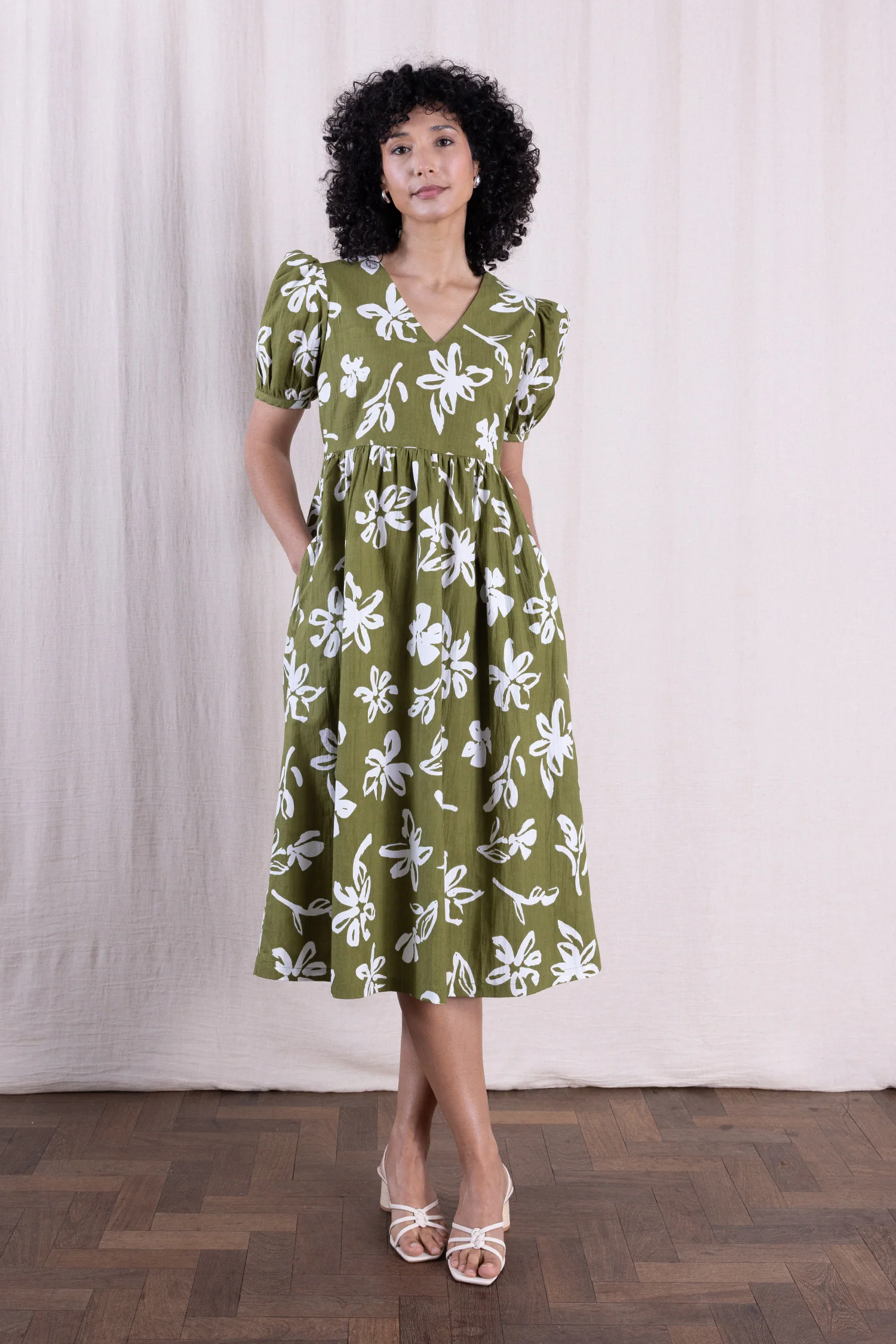 SS26 Cotton Poplin Angled Puff Sleeve Dress - Verdant - Image 3
