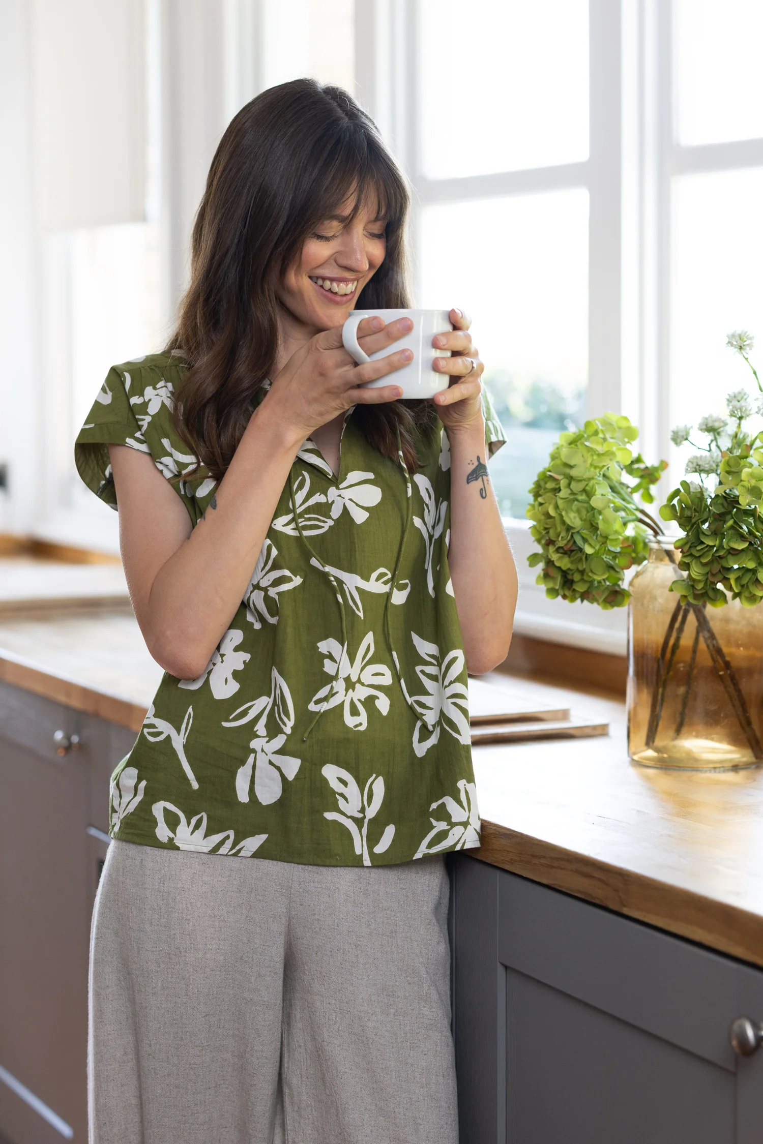 SS26 Cotton Poplin Tie Neck Top - Verdant - Image 2