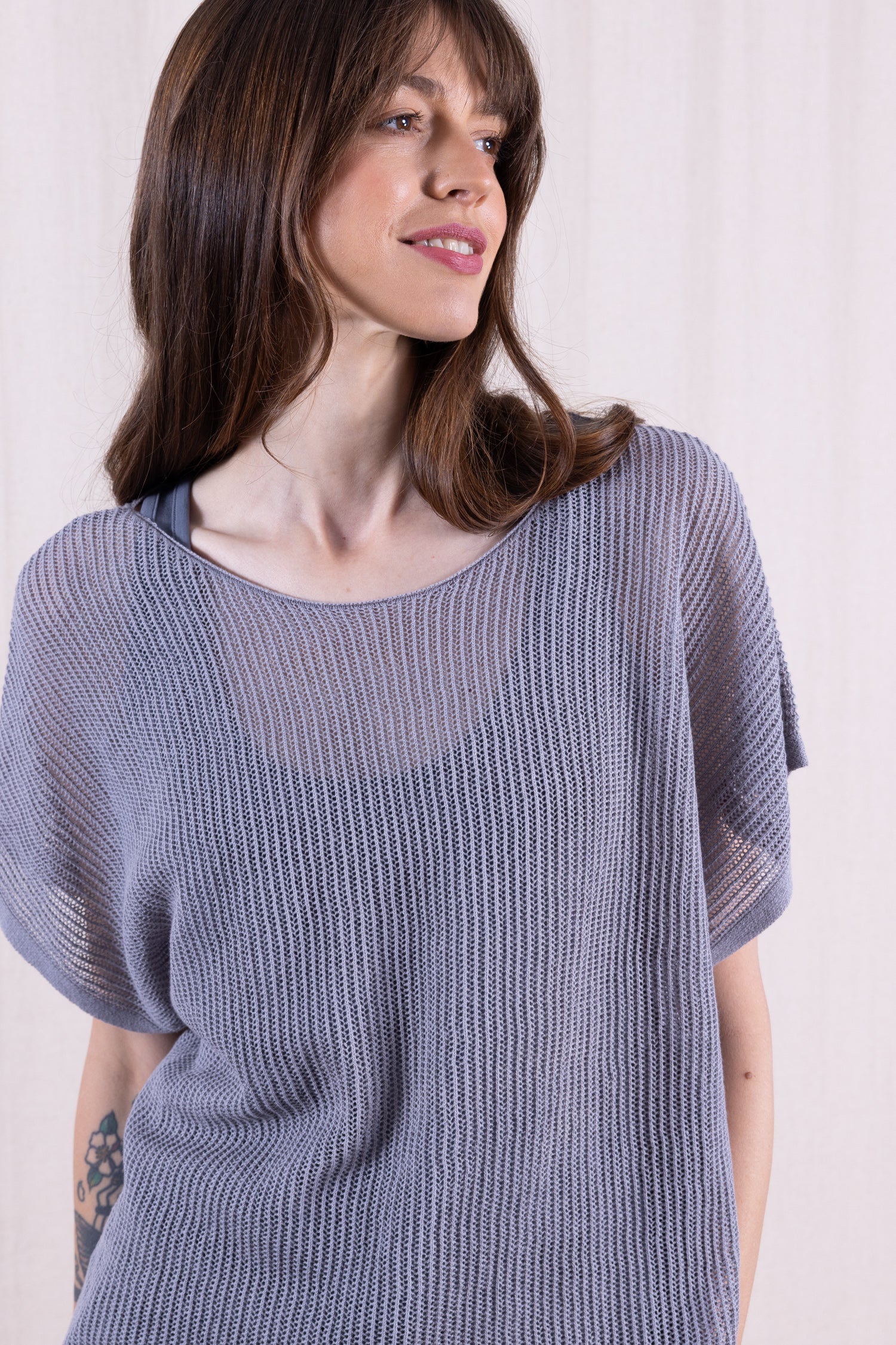 SS26 Linen/Cotton Open Knit Top - Grey - Image 6