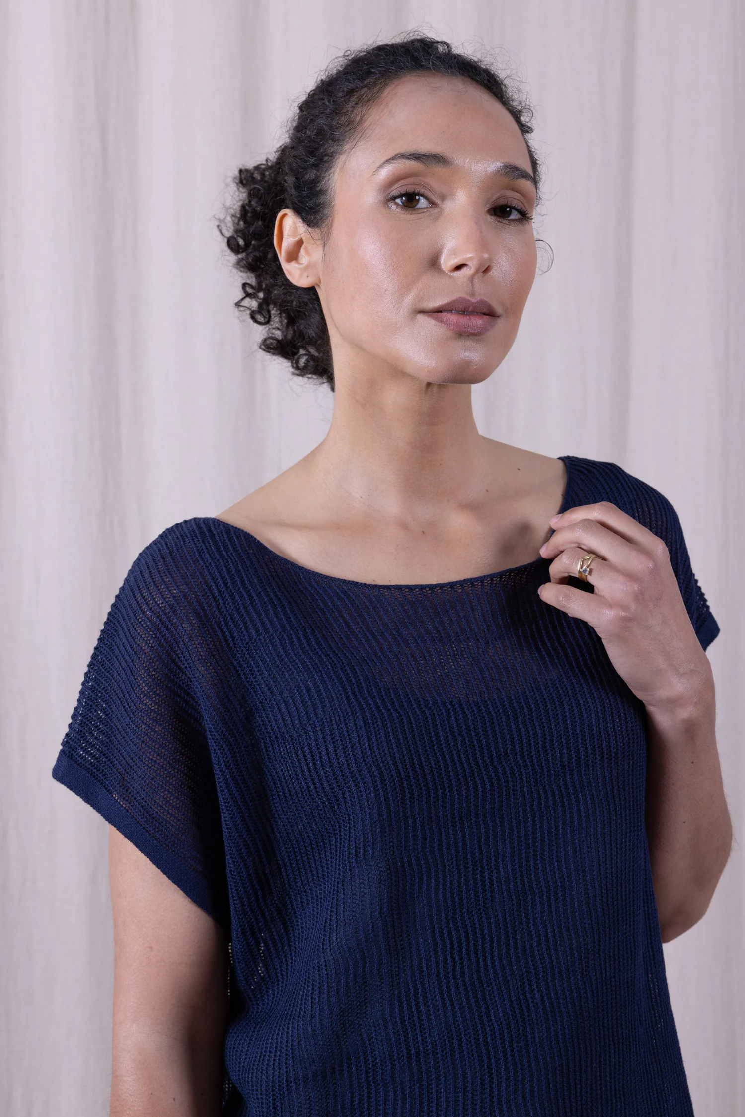 SS26 Linen/Cotton Open Knit Top - Navy - Image 6