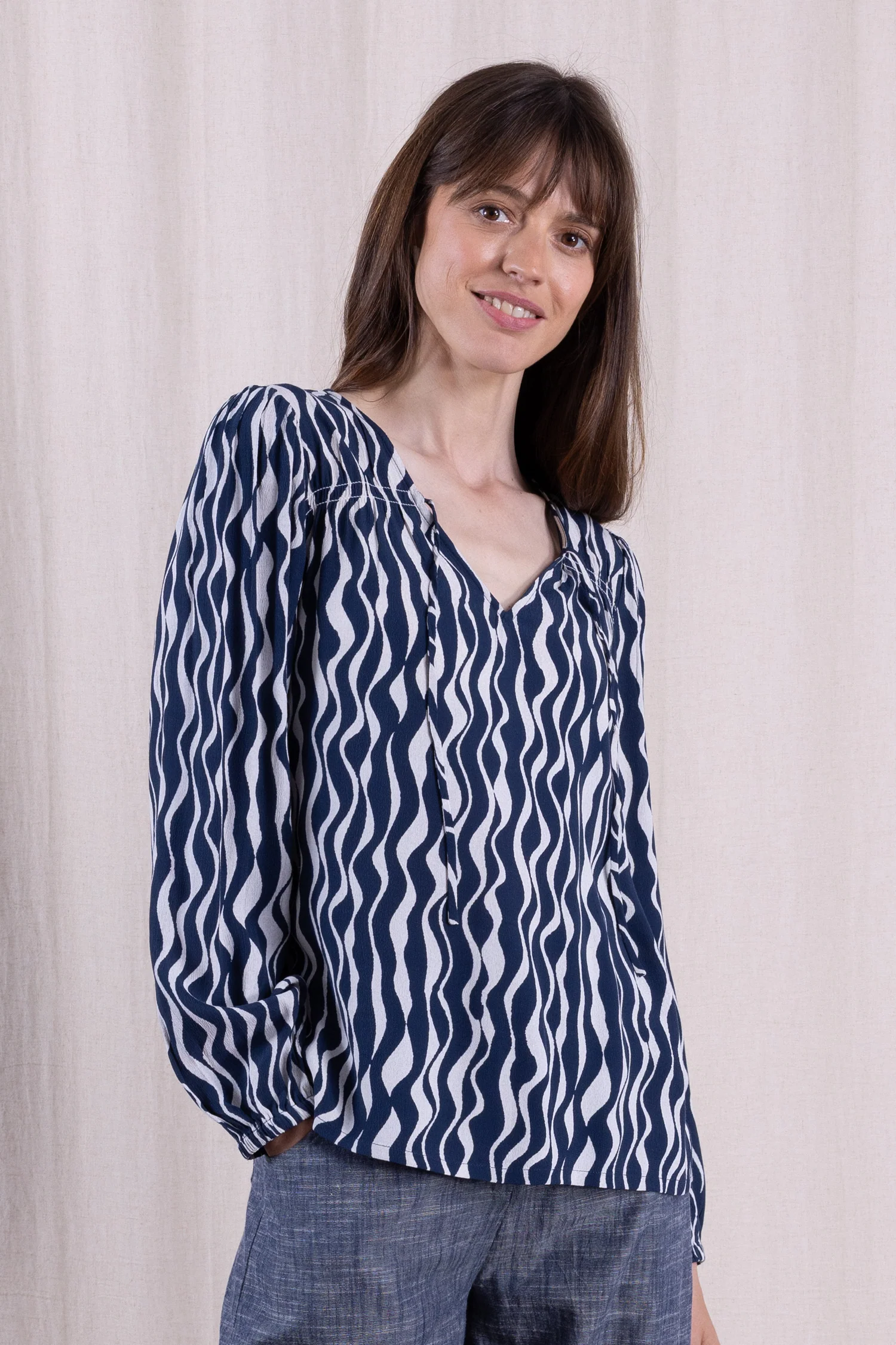 SS26 Smock Tie Front Blouse - Navy - Image 4